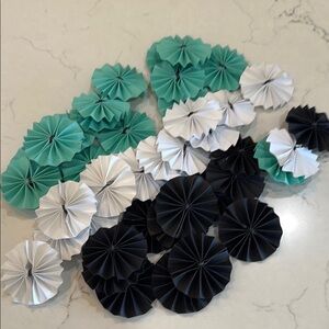 Paper Fan Decorations in Teal, White, and Black